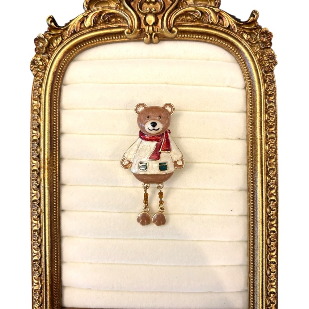 Teddy Bear Brooch Dangle Legs‎ Macy's Christmas Holiday Lane Beads Enamel Gold